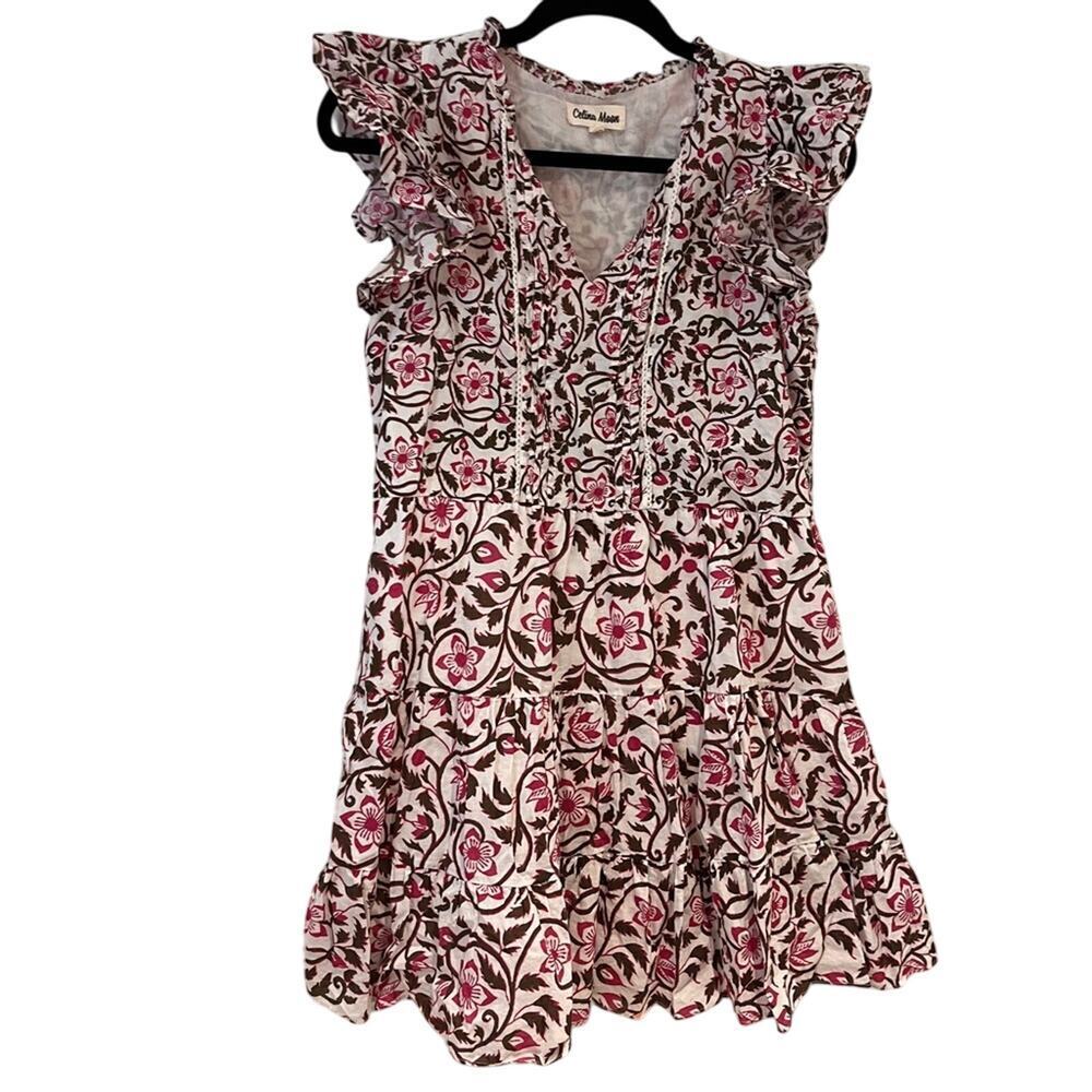 Celina Moon Ruffle Trim Printed Mini Dress medium
